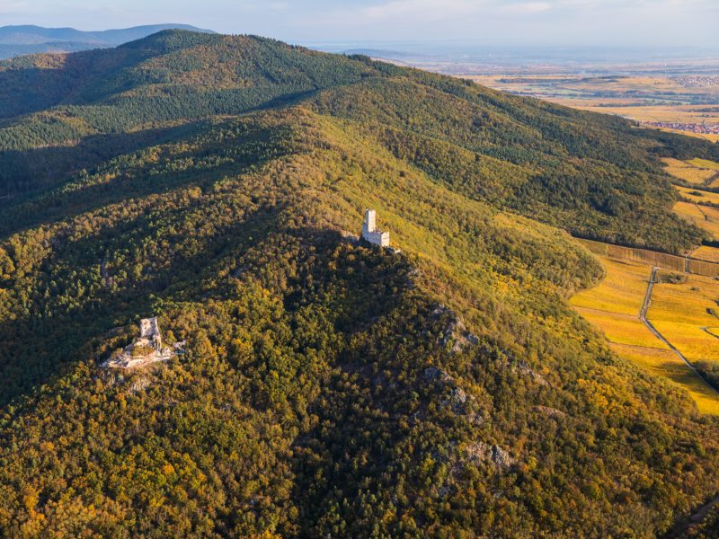 Vue aérienne sur les châteaux de l'Ortenbourg et Ramstein en automne